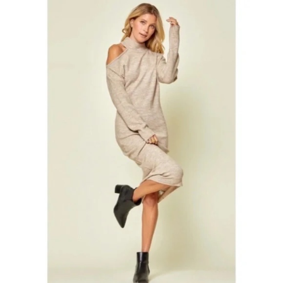 Oyster Cold Shoulder Knit Midi Sweater Stretchy Dress - Picture 6 of 6